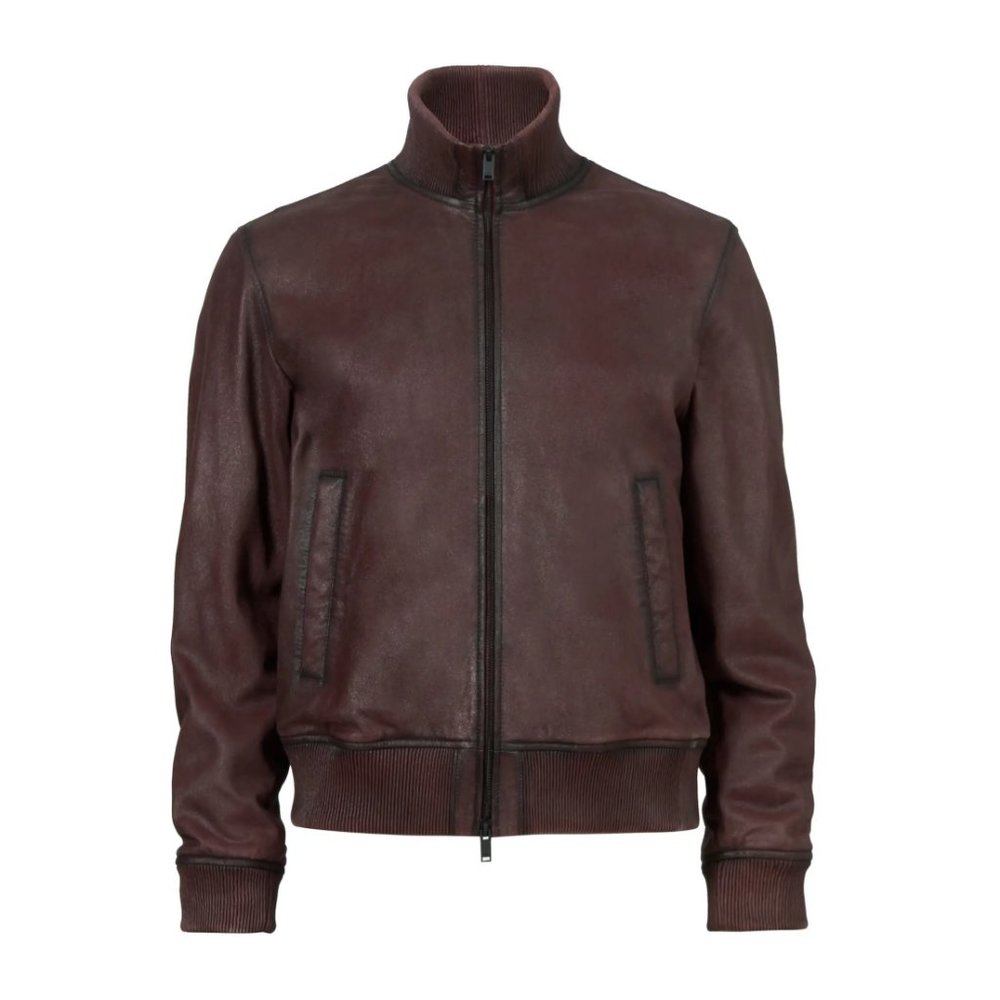 John Varvatos Star USA Men's Dani Goatskin Leather Zip Bomber Jacket Bordeaux - Picture 5 of 7